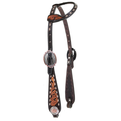 H1194 - Natural Leather Tooled Single Ear Headstall - Double J Saddlery