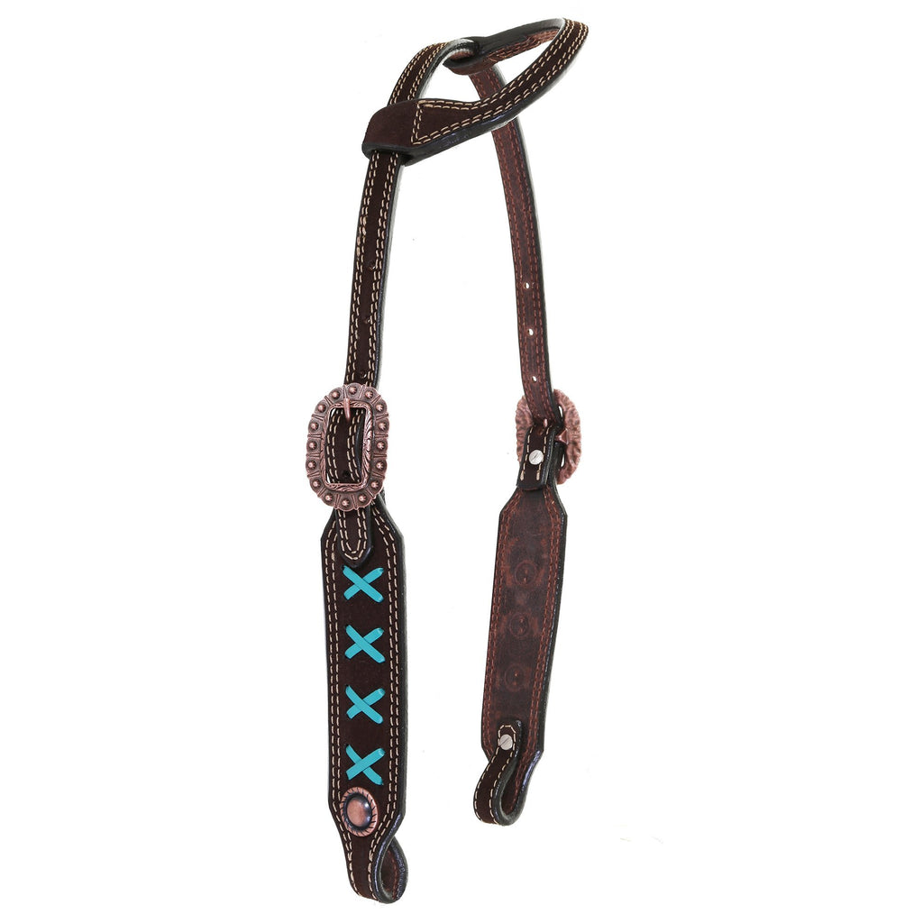 H1198 - Brown Rough Out X Design Single Ear Headstall - Double J Saddlery