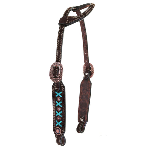 H1198A - Brown Rough Out X Design Single Ear Headstall - Double J Saddlery