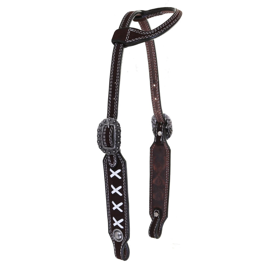 H1200 - Brown Rough Out X Design Single Ear Headstall - Double J Saddlery