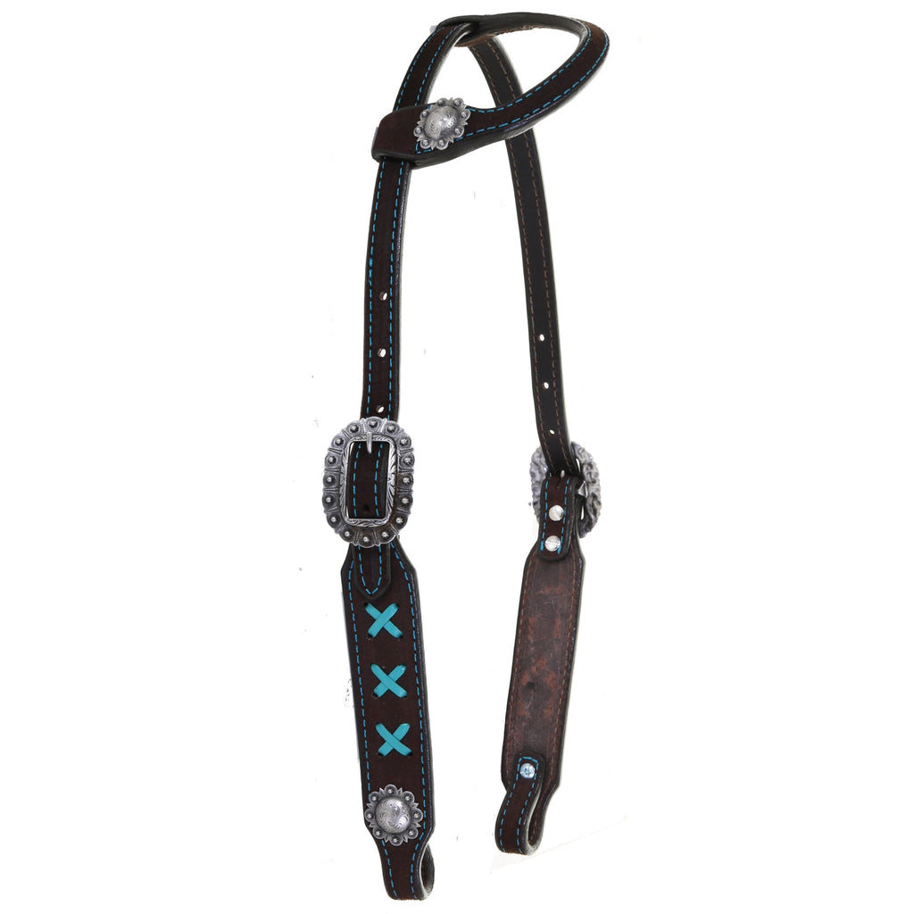 H1201 - Brown Rough Out X Design Single Ear Headstall - Double J Saddlery