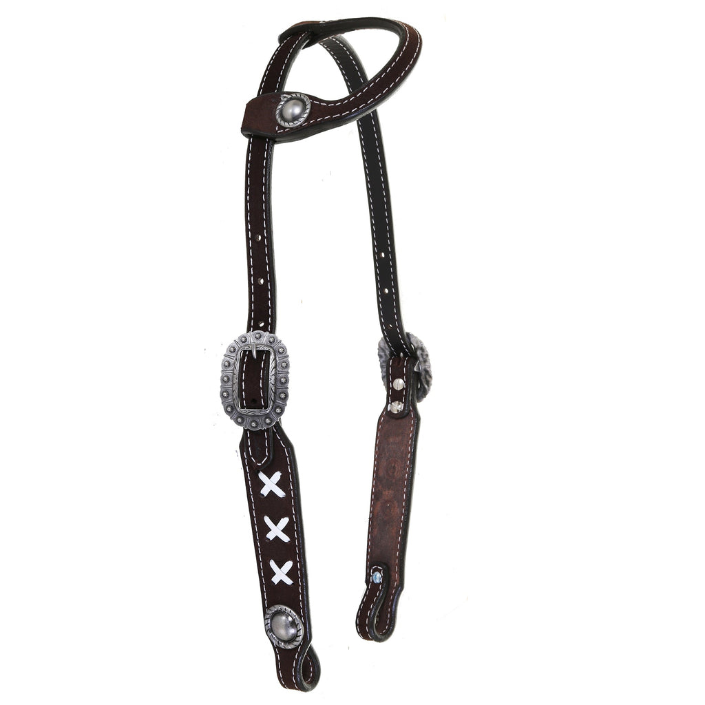 H1202 - Brown Rough Out X Design Single Ear Headstall - Double J Saddlery