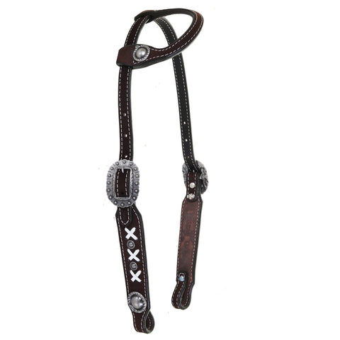 H1202A - Brown Rough Out X Design Single Ear Headstall - Double J Saddlery