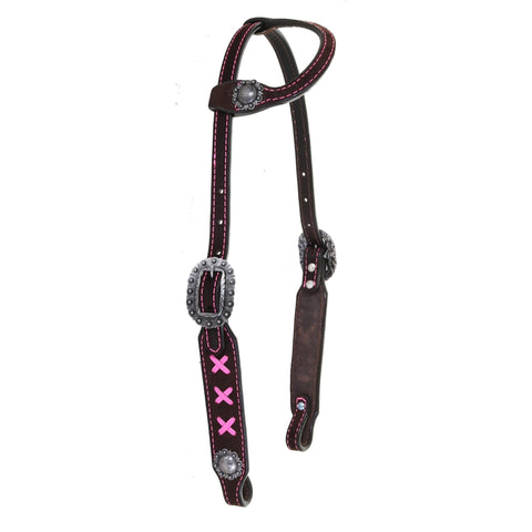 H1203 - Brown Rough Out X Design Single Ear Headstall - Double J Saddlery