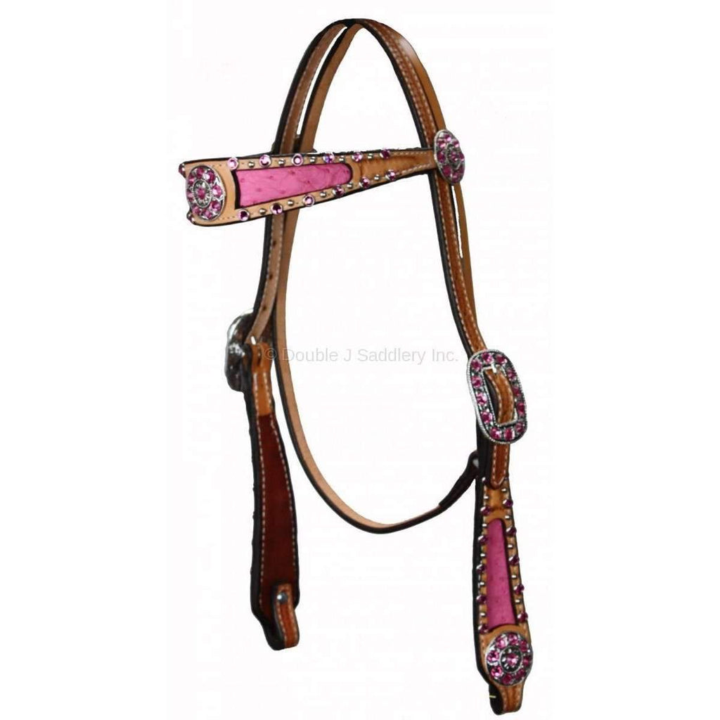 H354 - Natural Leather Pink Ostrich Print Inlayed Headstall - Double J Saddlery