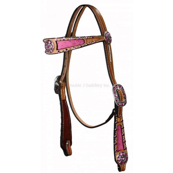 H354 - Natural Leather Pink Ostrich Print Inlayed Headstall