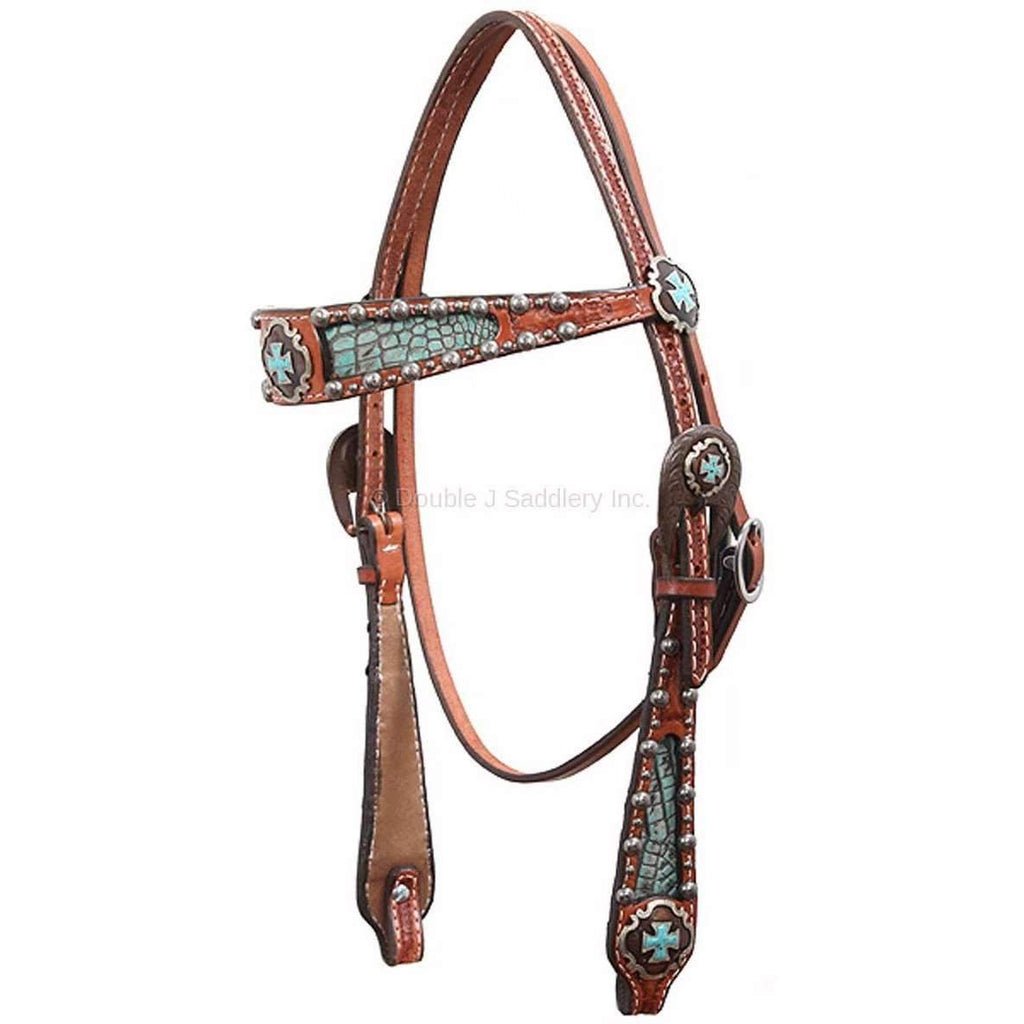 H419 - Chestnut Leather Inlayed Headstall - Double J Saddlery
