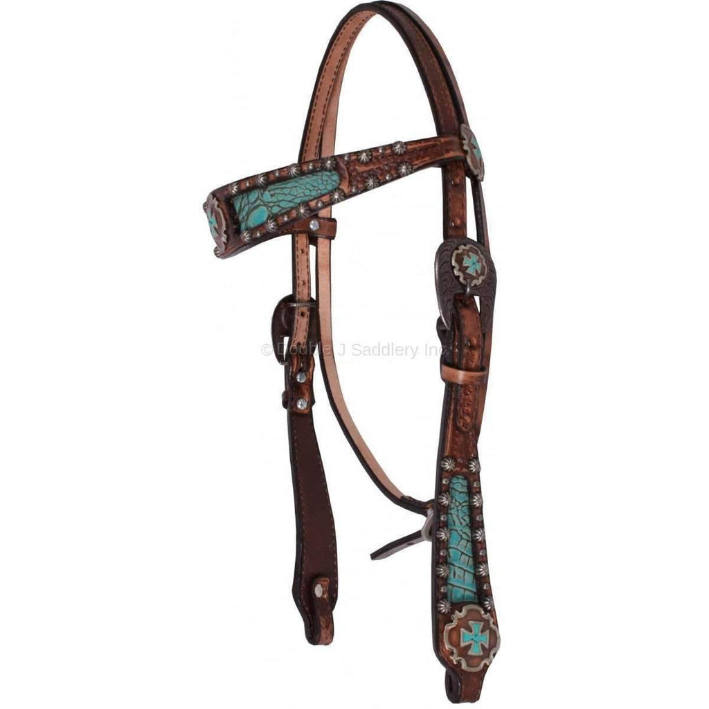 H419A - Brown Vintage Turquoise Gator Print Inlay Headstall - Double J Saddlery