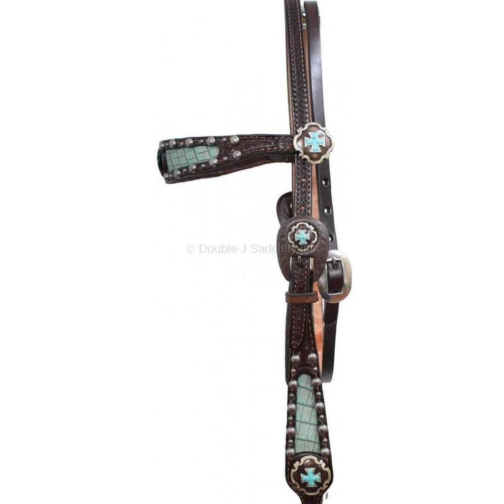 H423 - Brown Leather Gator Print Inlayed Headstall - Double J Saddlery