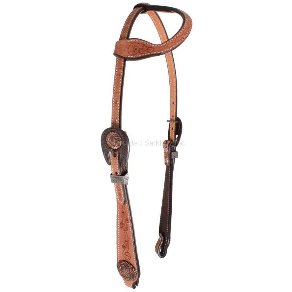 H614 - Natural Leather Rough Out Tooled Single Ear Headstall - Double J Saddlery