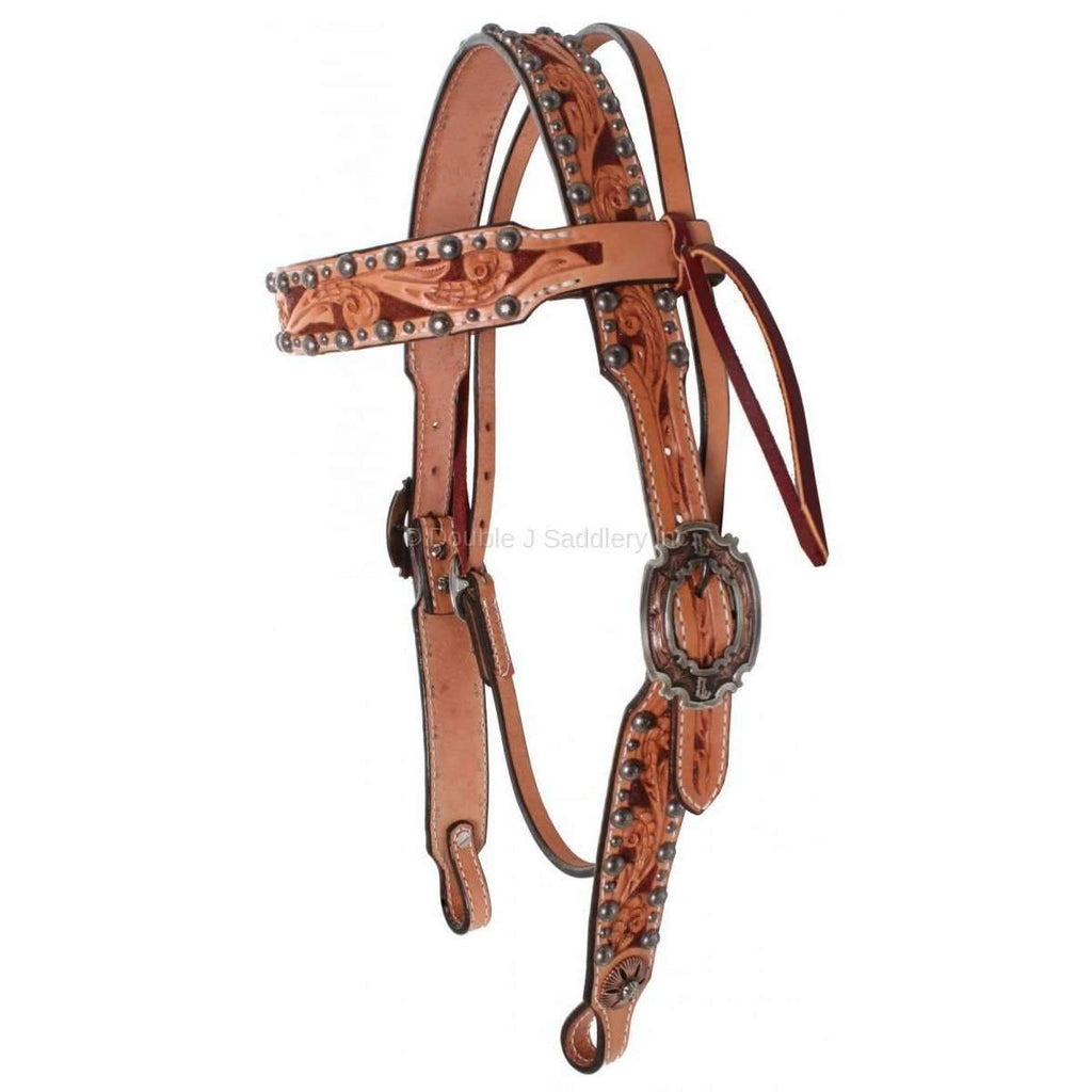H647 - Natural Leather Tooled Headstall - Double J Saddlery