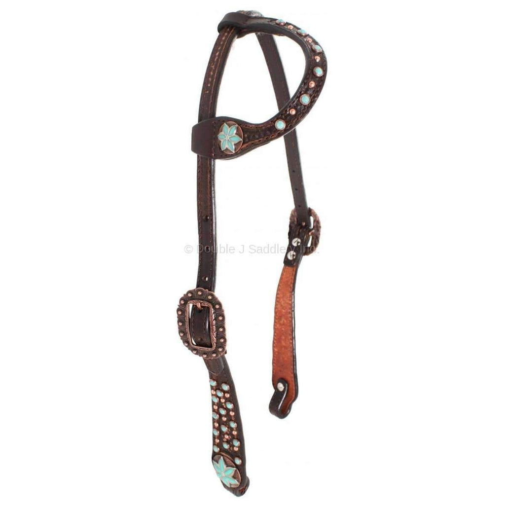 H659 - Brown Vintage and Turquoise Headstall - Double J Saddlery