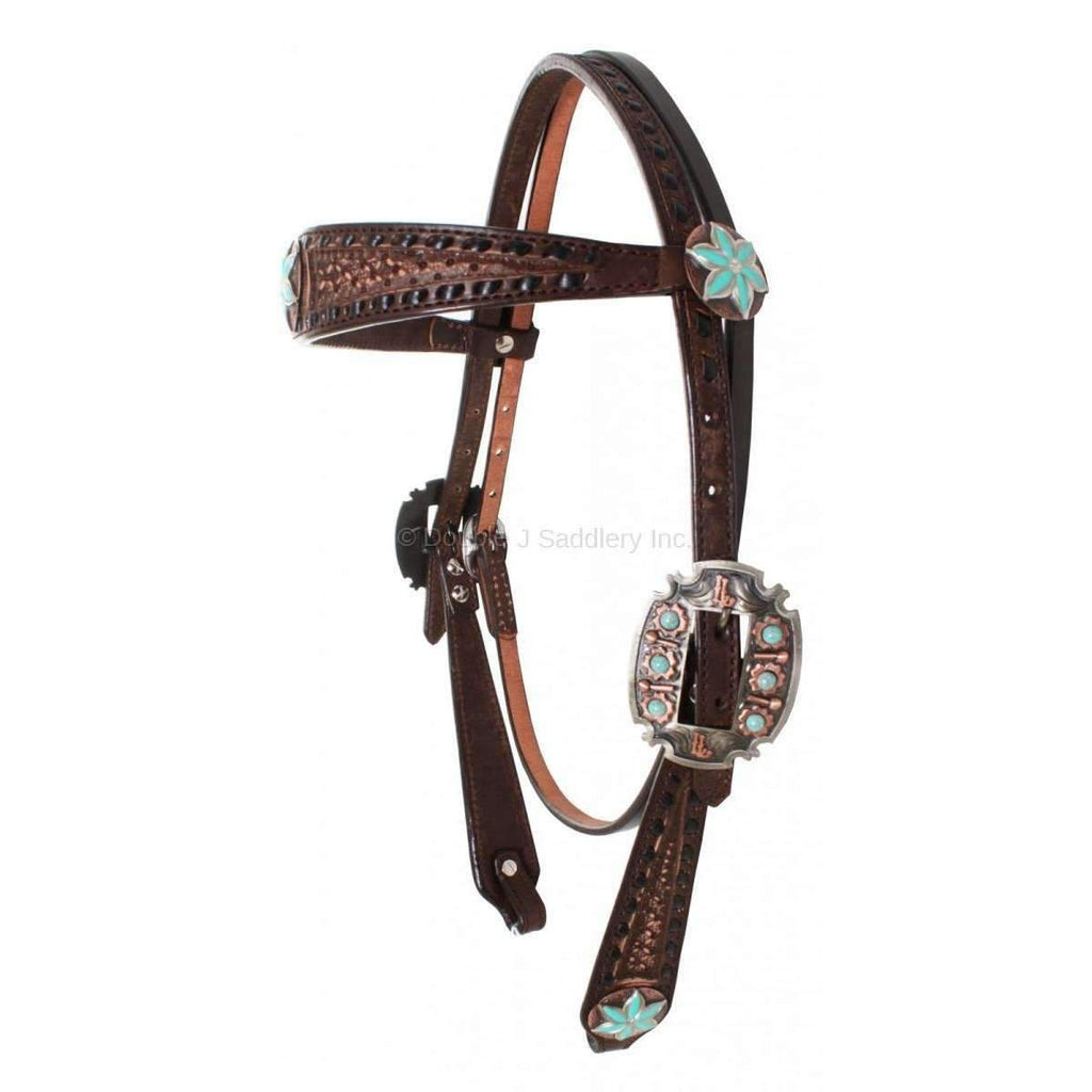 H668 - Brown Vintage Star Tooled Headstall - Double J Saddlery