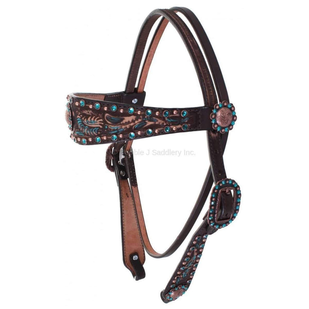 H694 - Brown Vintage Texas Poppy Tooled Headstall - Double J Saddlery