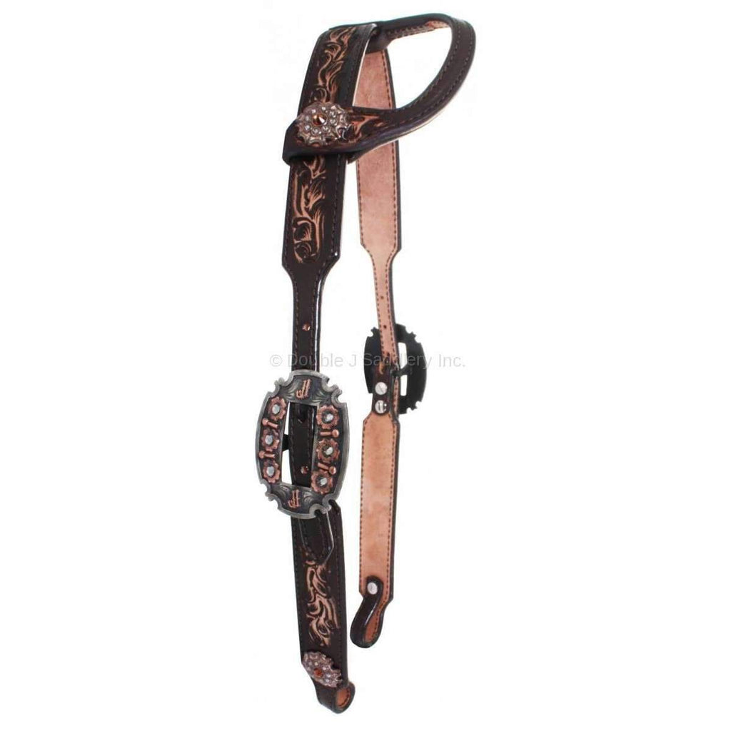 H708 - Brown Vintage Single Ear Tooled Headstall - Double J Saddlery