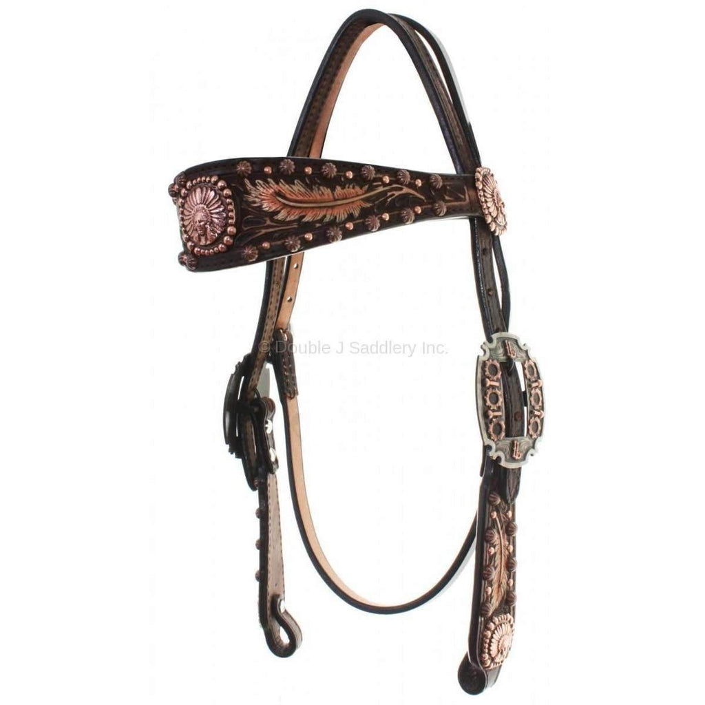 H712 - Brown Vintage Painted Feather Tooled Headstall - Double J Saddlery