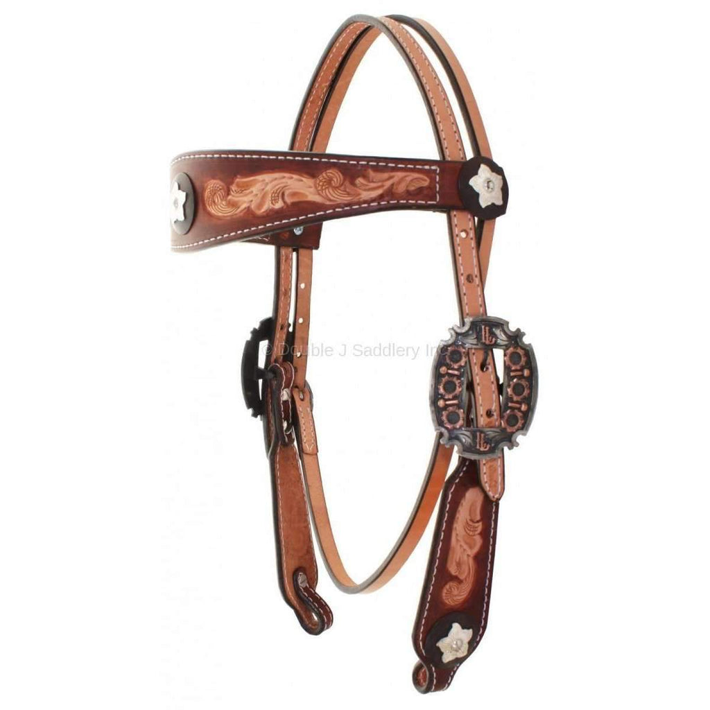H717 - Cognac Leather Tooled Headstall - Double J Saddlery
