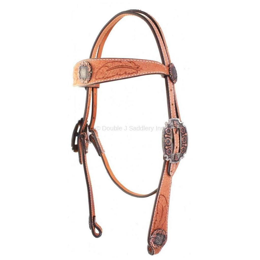 H744 - Natural Rough Out Feather Tooled Headstall - Double J Saddlery