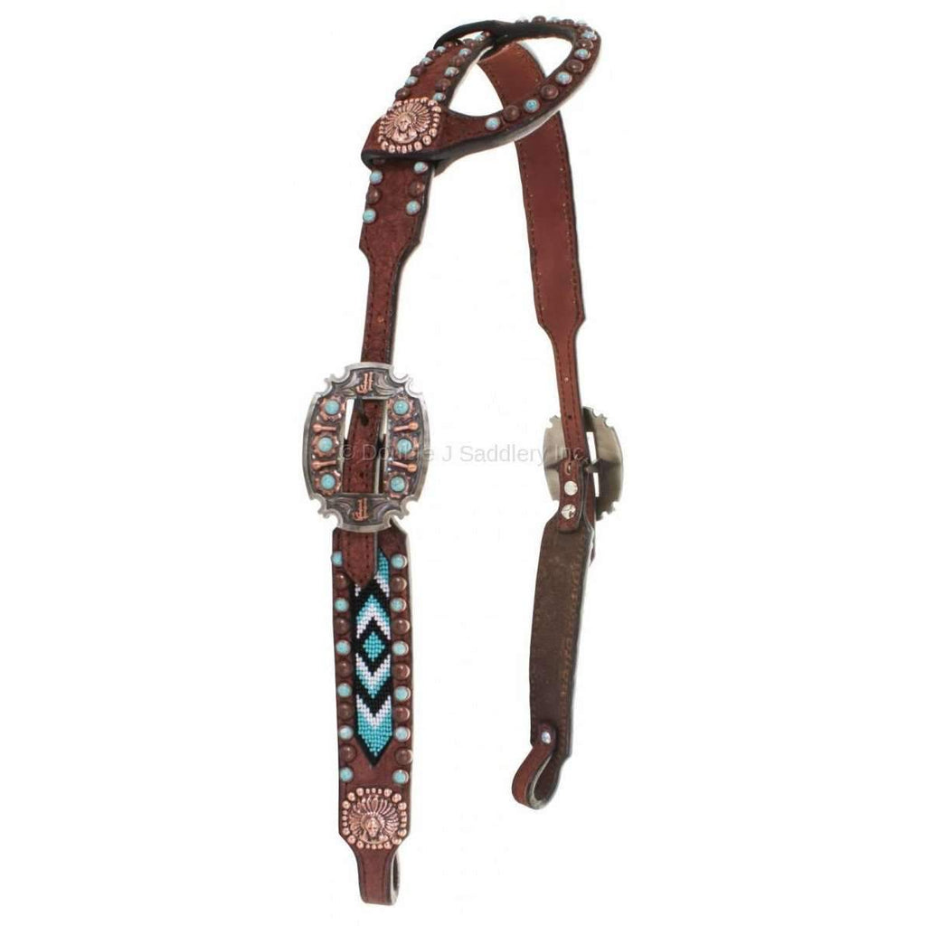 H793 - Brown Rough Out Beaded Single Ear Headstall - Double J Saddlery