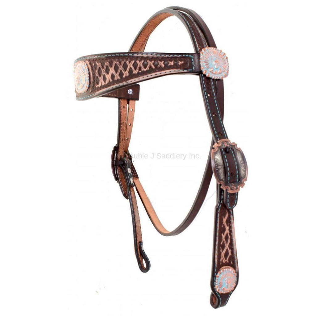 H813 - Brown Vintage Tooled Headstall - Double J Saddlery