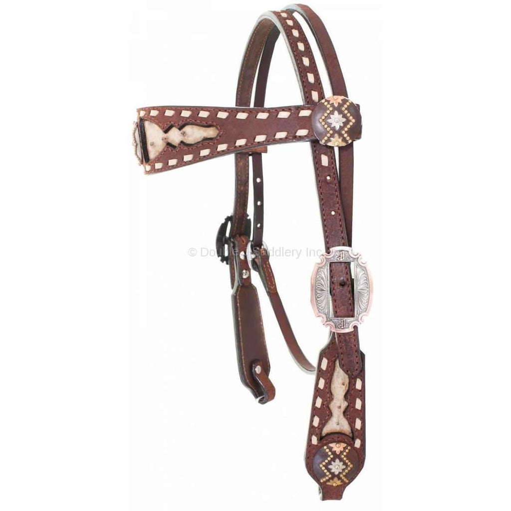 H864 - Brown Rough Out Ostrich Inlayed Headstall - Double J Saddlery