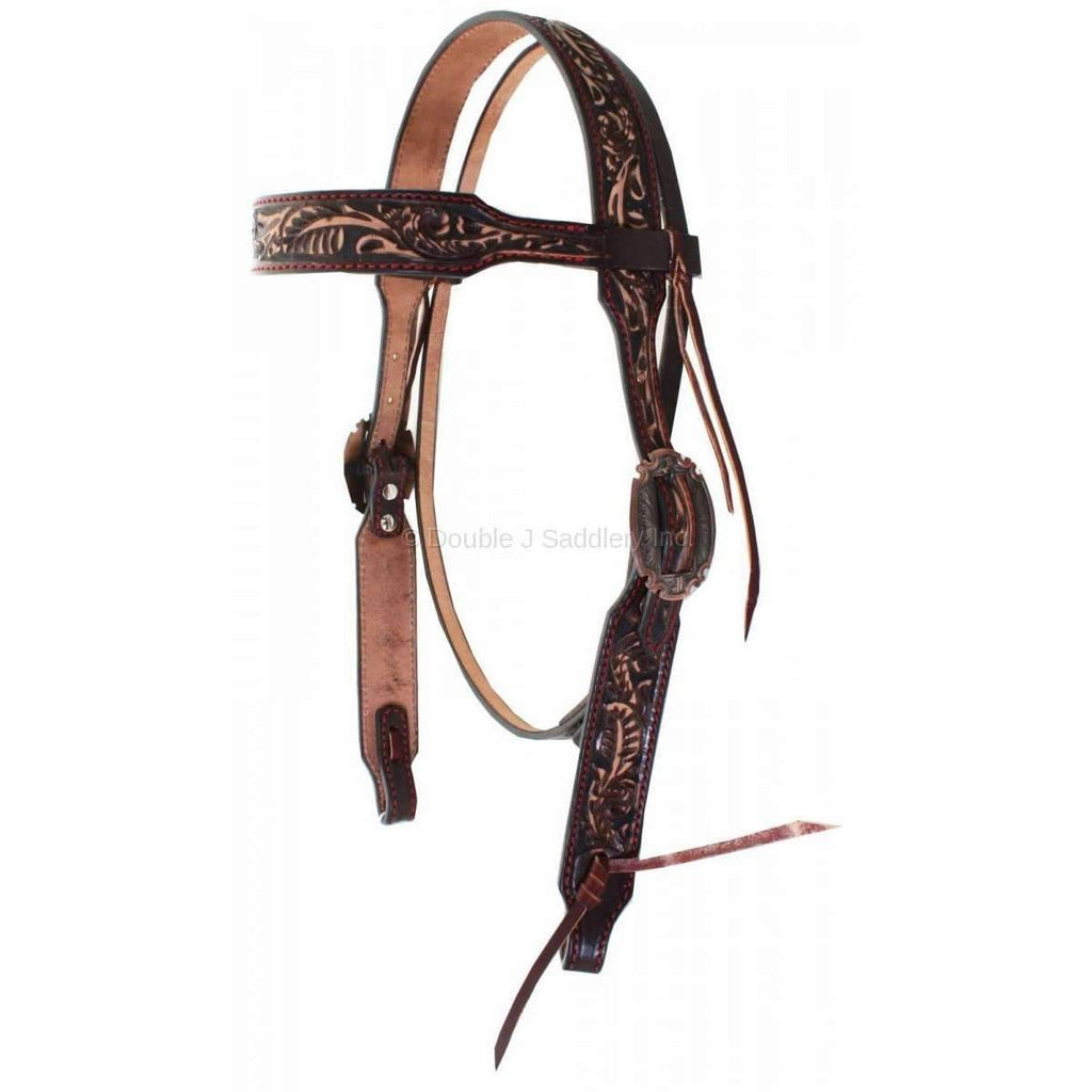 H873 - Brown Vintage Tooled Headstall - Double J Saddlery