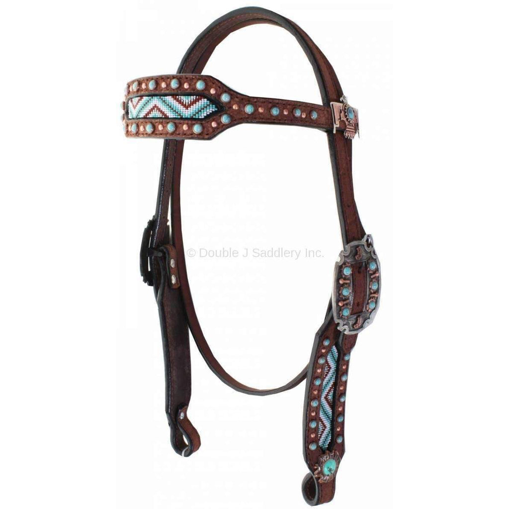 H877 - Brown Rough Out Beaded Headstall - Double J Saddlery
