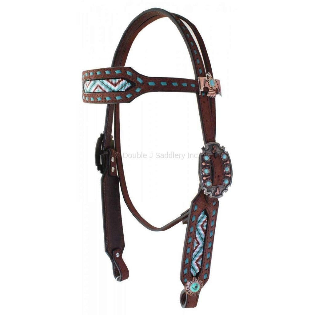 H877A - Brown Rough Out Beaded Headstall - Double J Saddlery