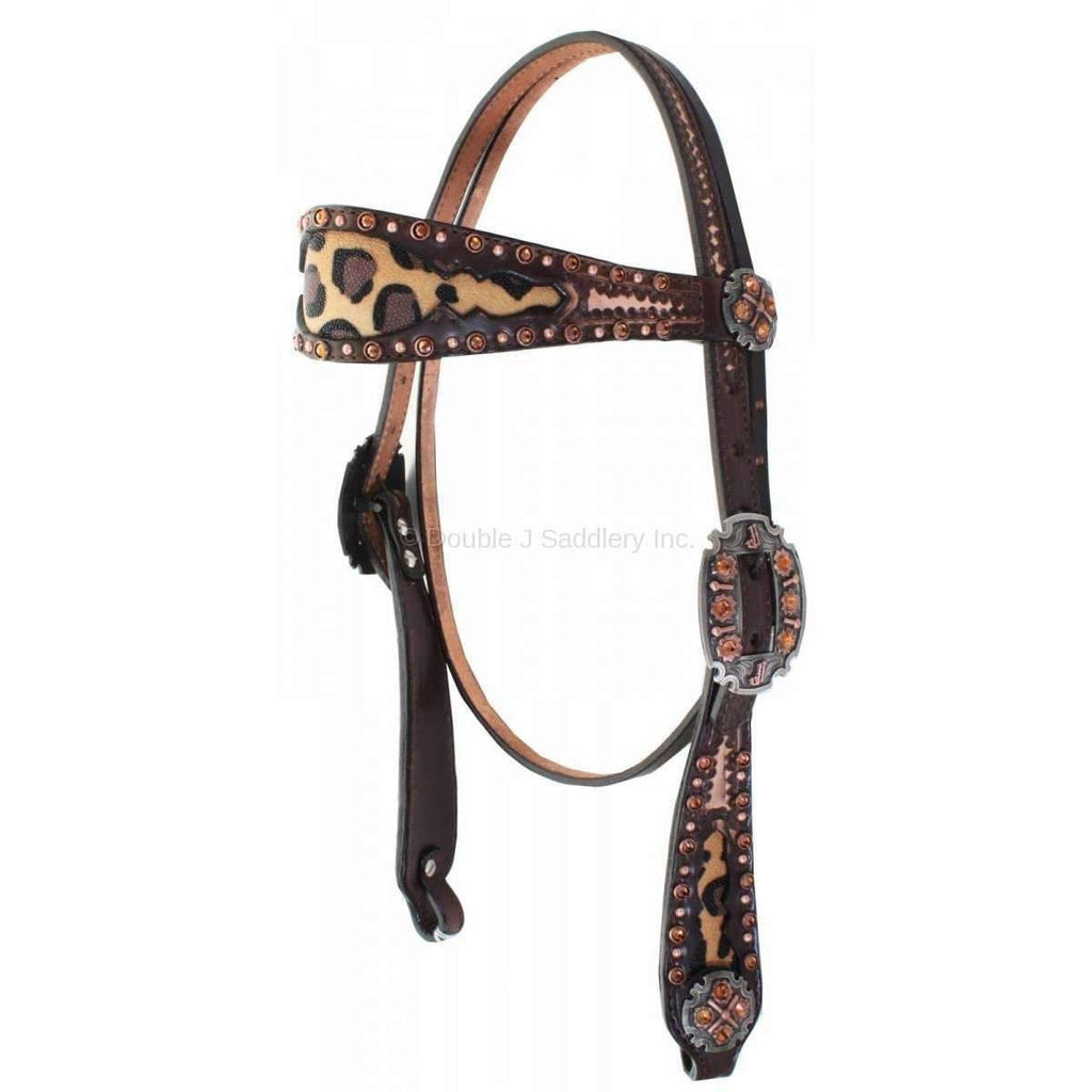 H878A - Brown Vintage Cheetah Stingray Inlayed Headstall - Double J Saddlery