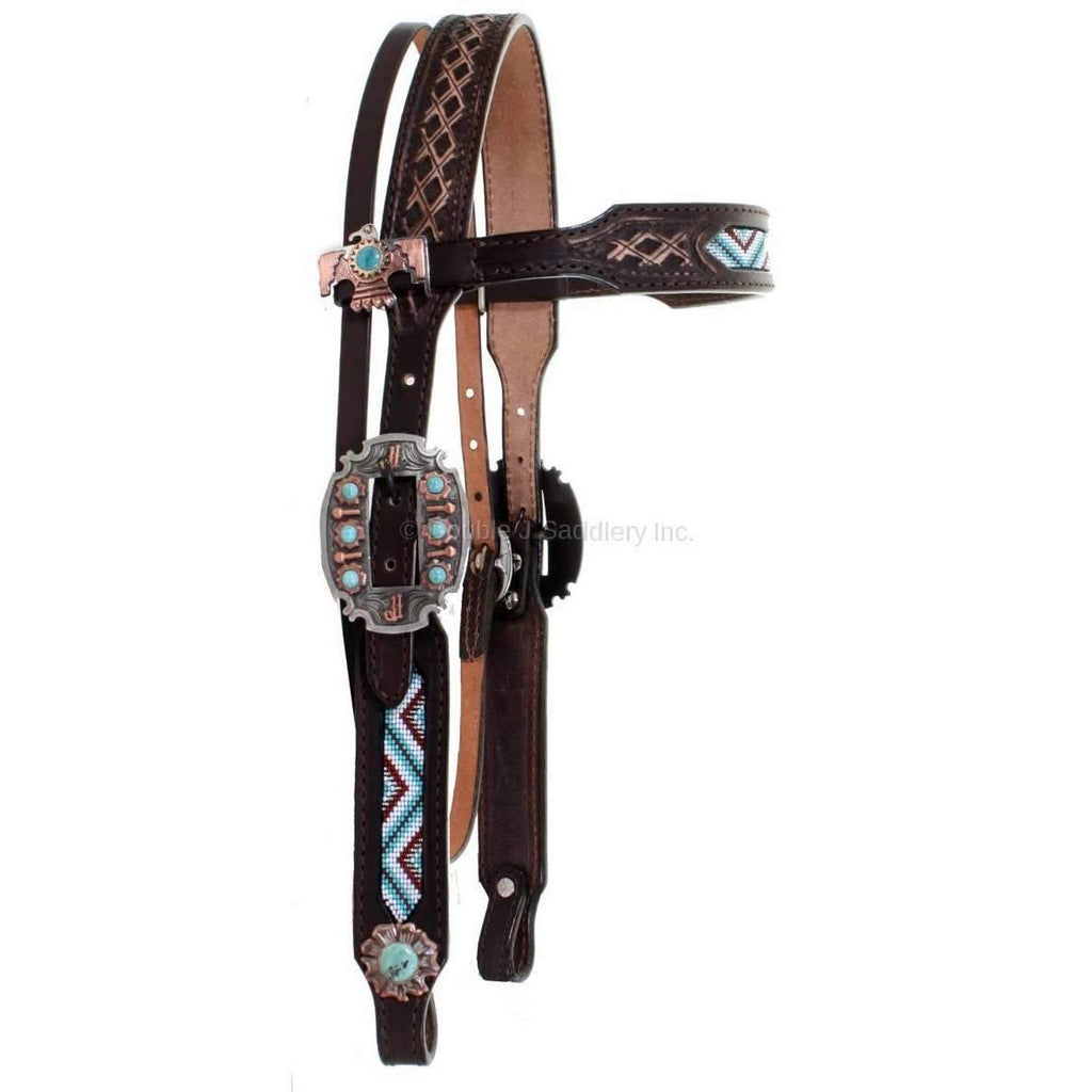 H915 - Brown Vintage Bead Inlayed Headstall - Double J Saddlery