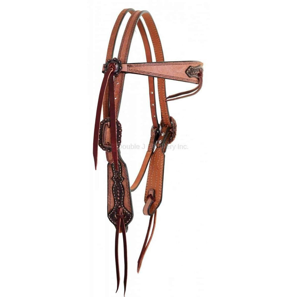 H940A - Natural Rough Out Tooled Overlay Headstall - Double J Saddlery