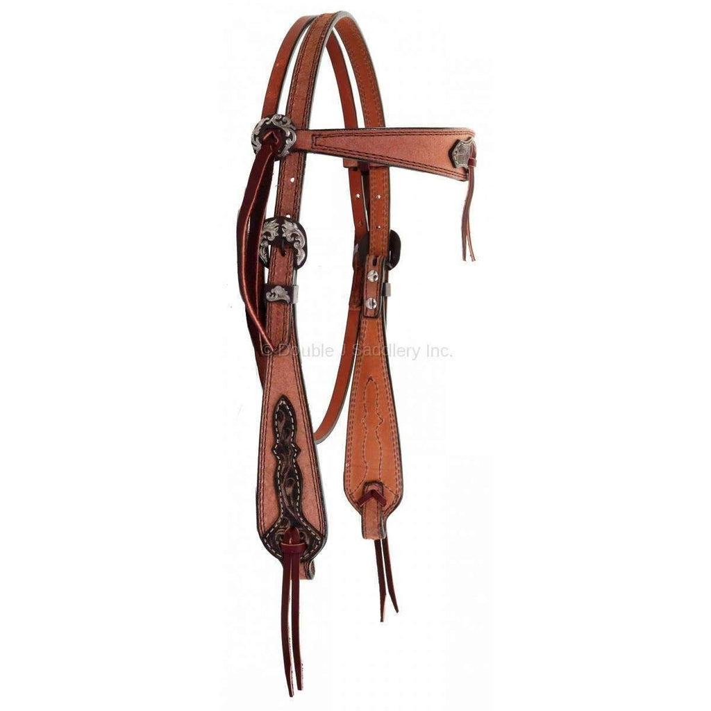 H940B - Natural Rough Out Tooled Overlay Headstall - Double J Saddlery