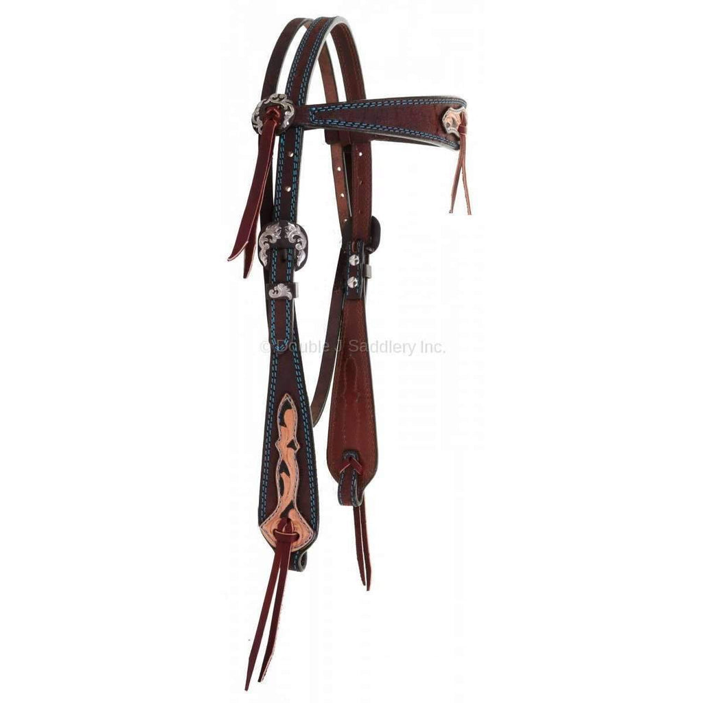 H942A - Brown Rough Out Tooled Overlay Headstall - Double J Saddlery