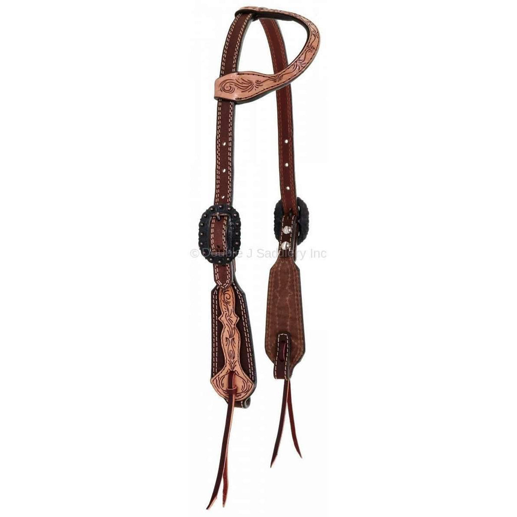 H945 - Brown Rough Out Tooled Single Ear Headstall - Double J Saddlery
