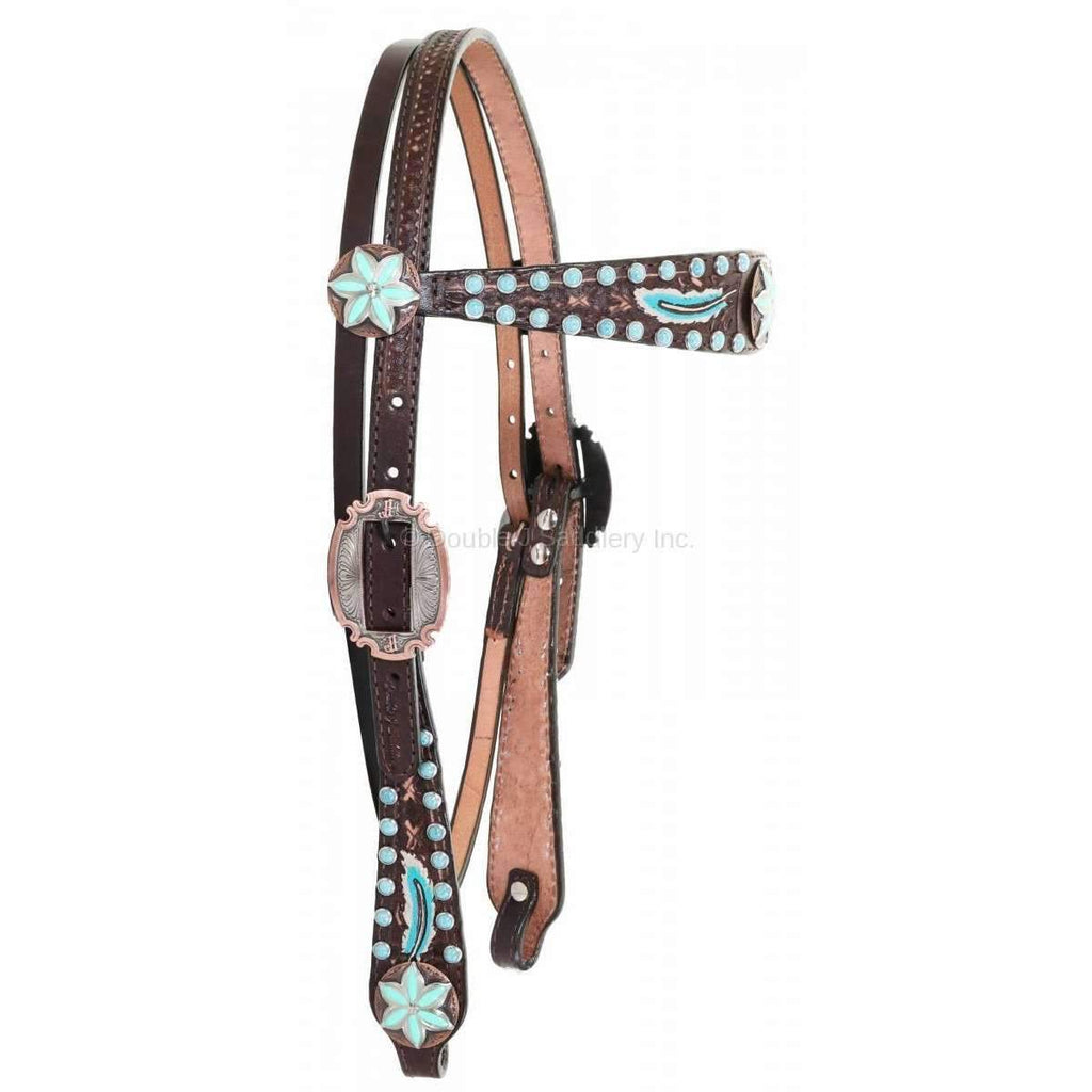 H950 - Brown Vintage Feather Tooled Headstall - Double J Saddlery