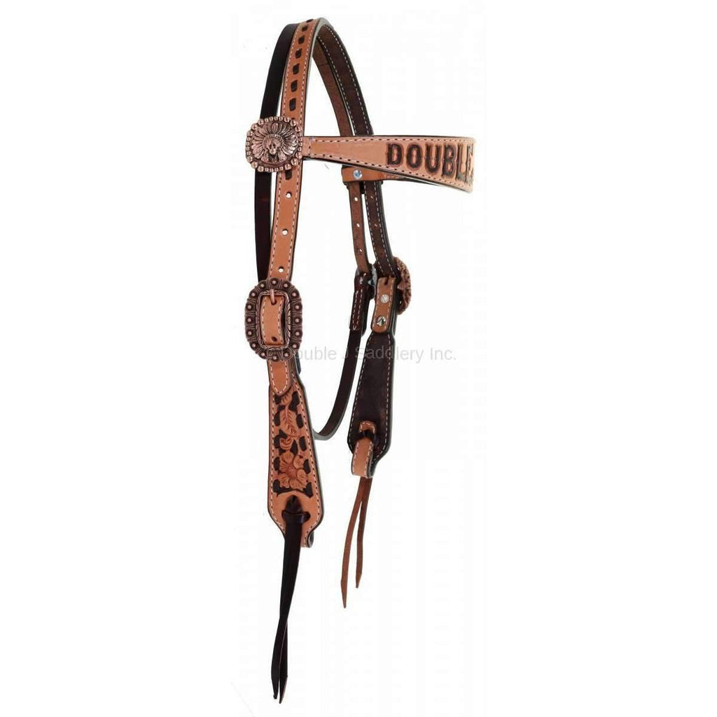 H957 - Brown and Natural Leather Tooled Headstall - Double J Saddlery