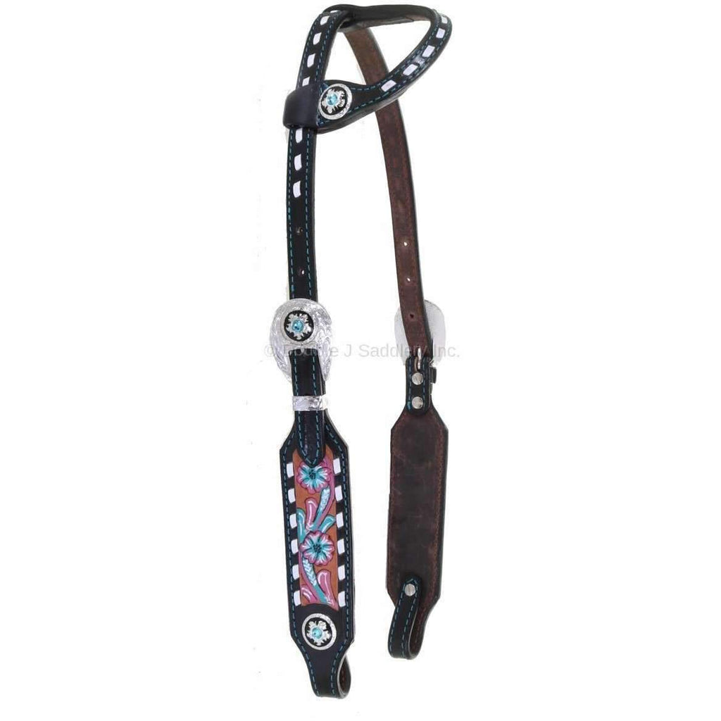 H972 - Black Leather Floral Painted Single Ear Headstall - Double J Saddlery