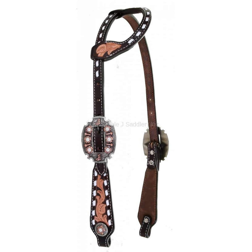 H973 - Brown and Natural Buck Stitched Single Ear Headstall - Double J Saddlery