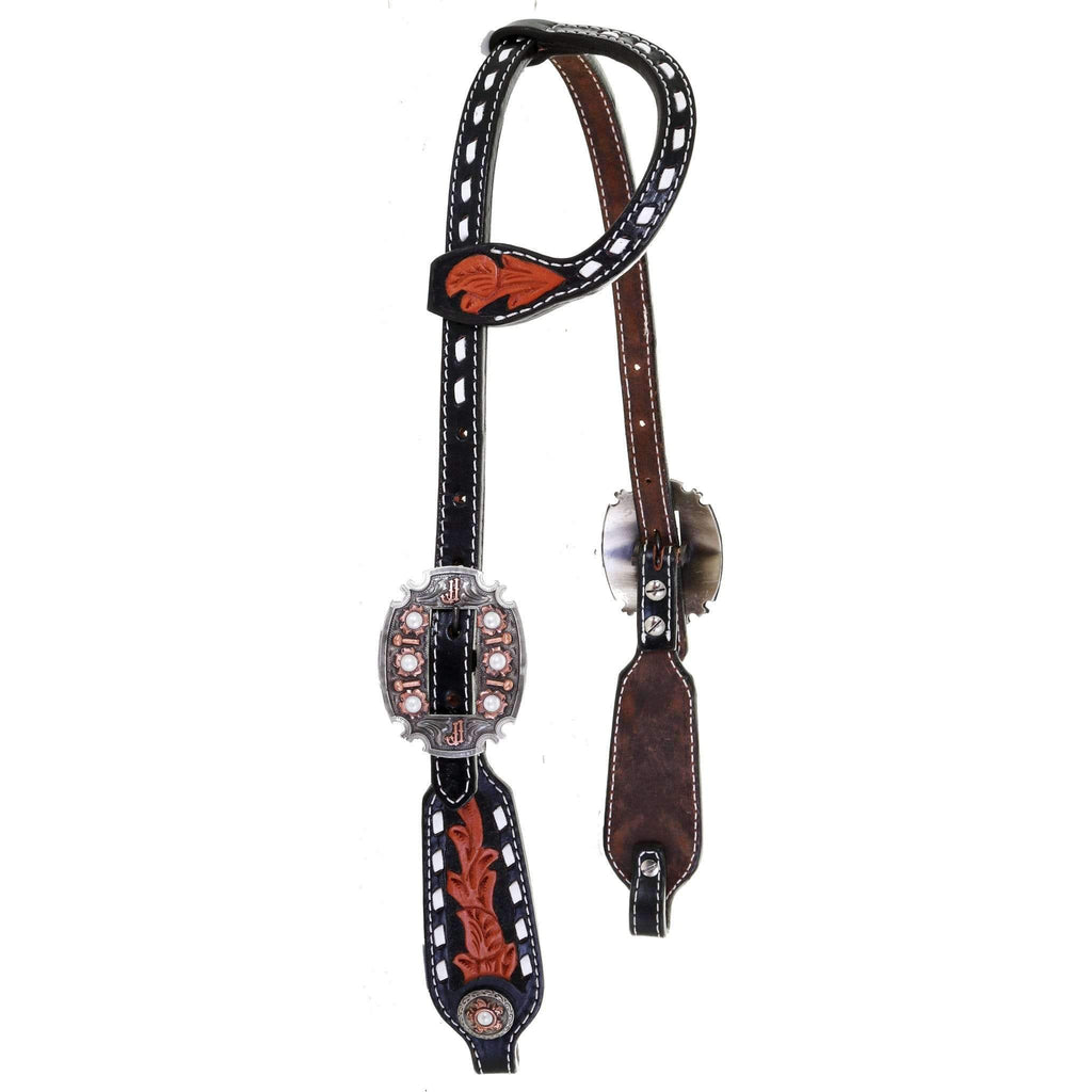 H973A - Black and Natural Buck Stitched Single Ear Headstall - Double J Saddlery
