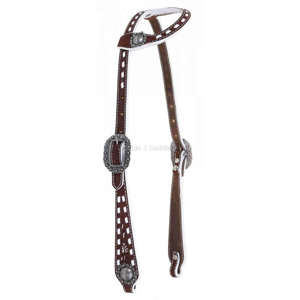 H976 - Brown Rough Out Tooled and Buck Stitched Single Ear Headstall - Double J Saddlery
