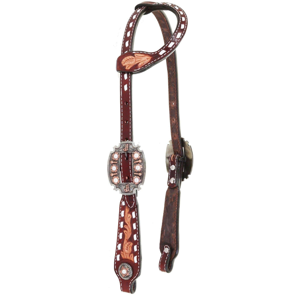 H979 - Cognac and Natural Buck Stitched Single Ear Headstall - Double J Saddlery