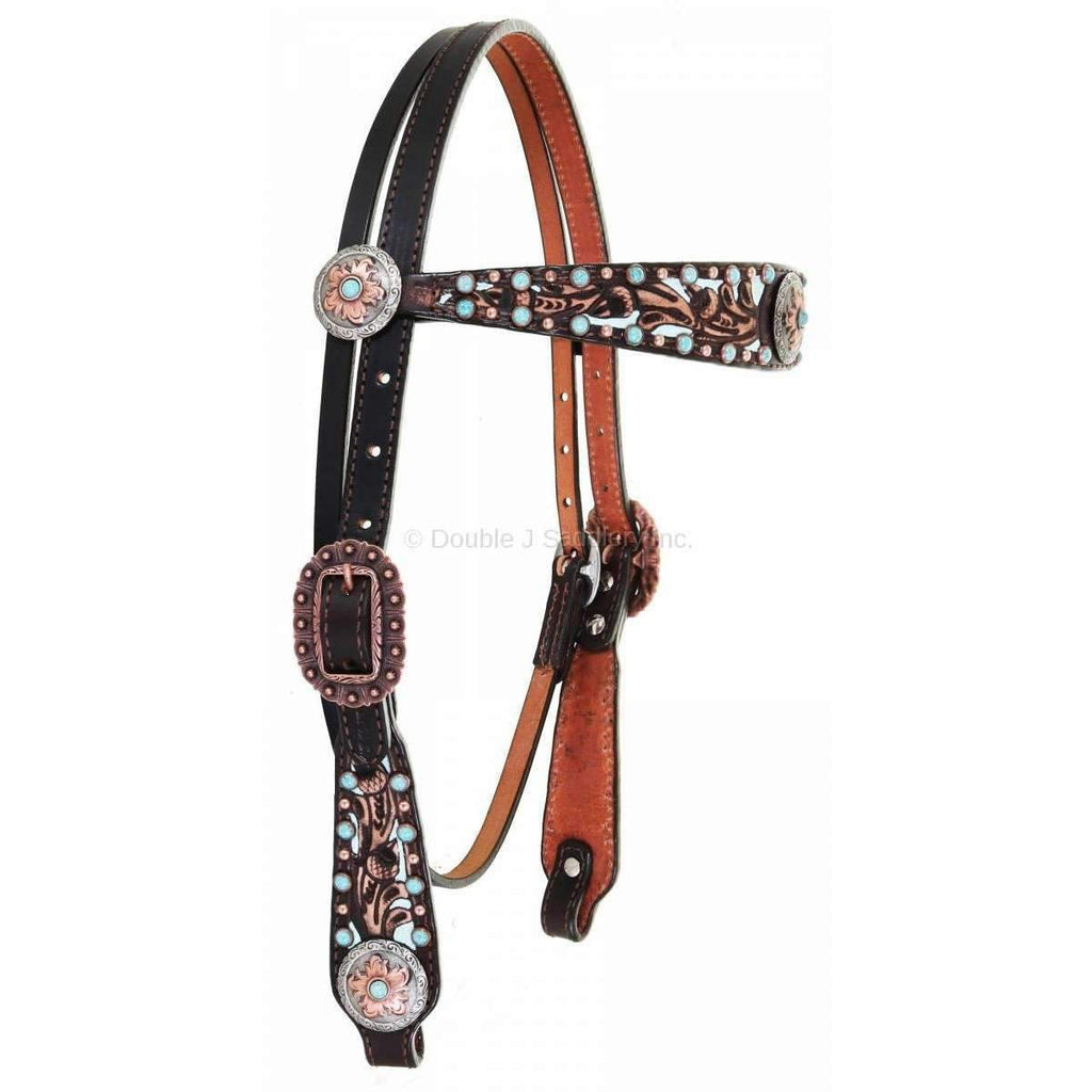 H980 - Brown Vintage Tooled and Studded Headstall - Double J Saddlery