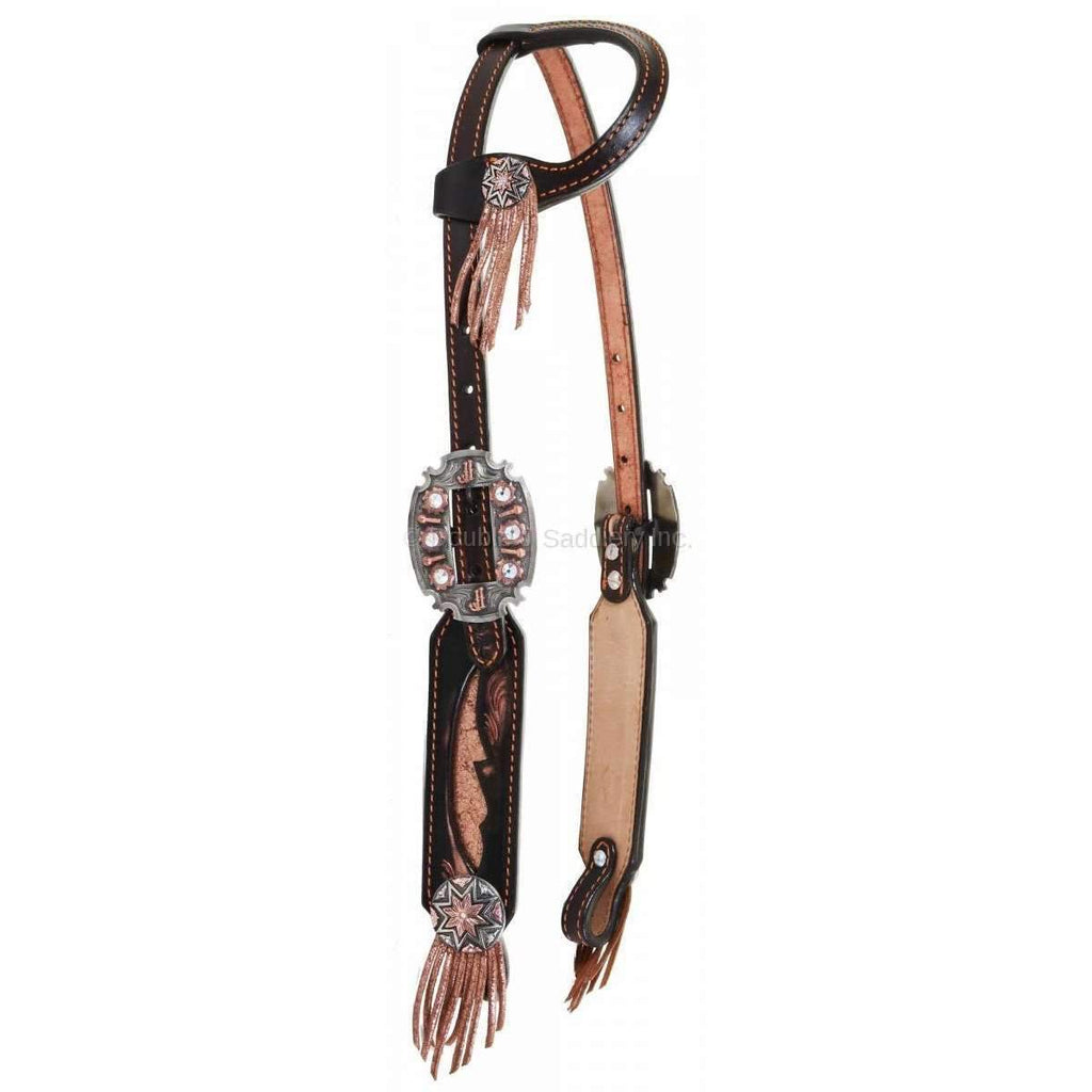 H983 - Brown Vintage Rose Gold Inlay Single Ear Headstall - Double J Saddlery