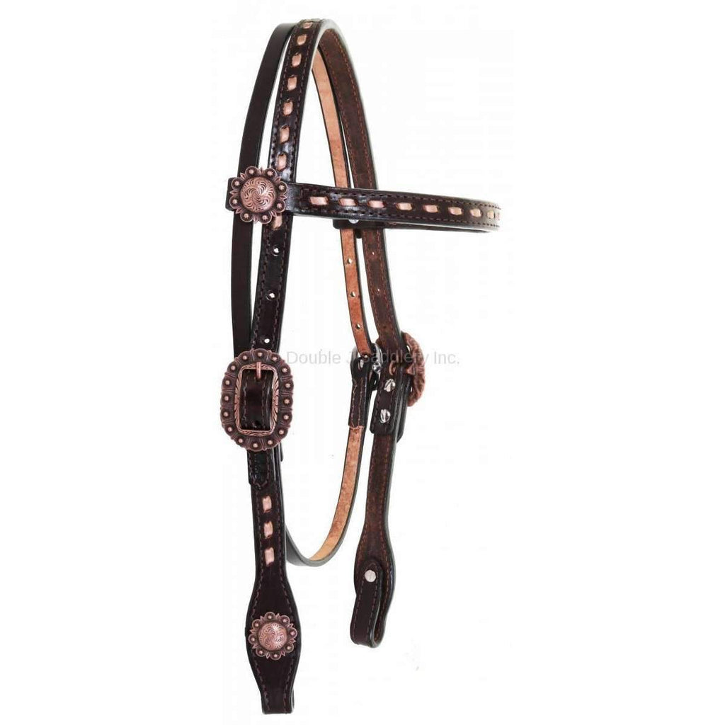 H989 - Brown Vintage Buck Stitched Headstall - Double J Saddlery