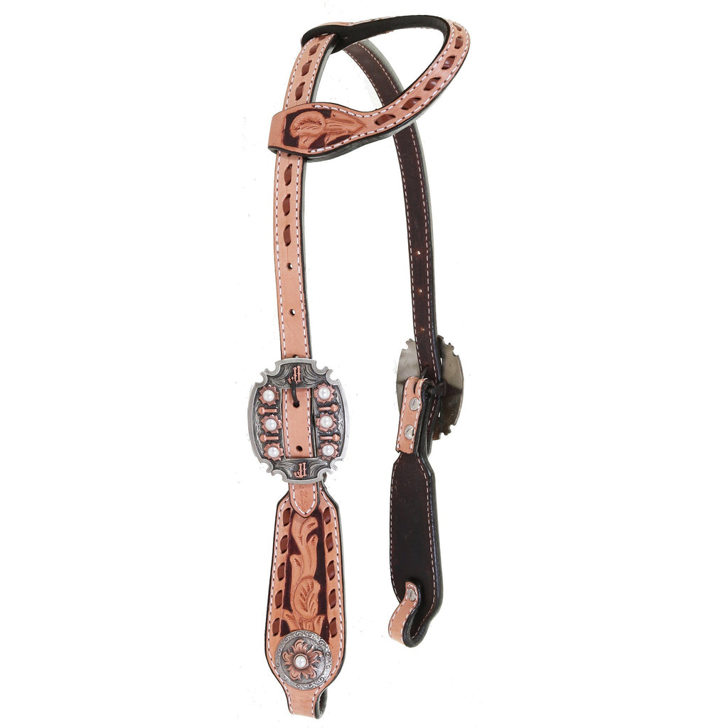 H996 - Cognac and Natural Buck Stitched Single Ear Headstall - Double J Saddlery