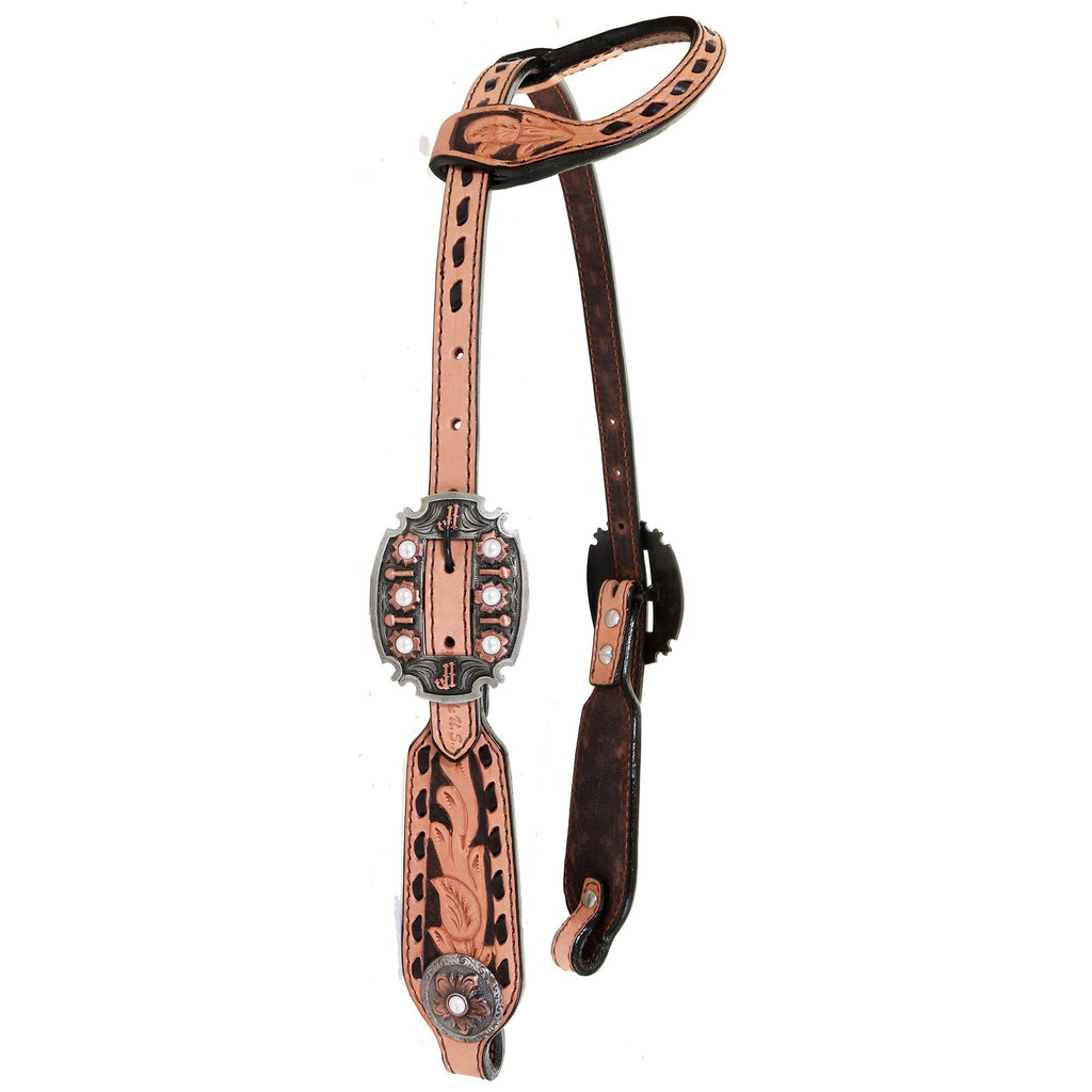 H996A - Brown and Natural Buck Stitched Single Ear Headstall - Double J Saddlery