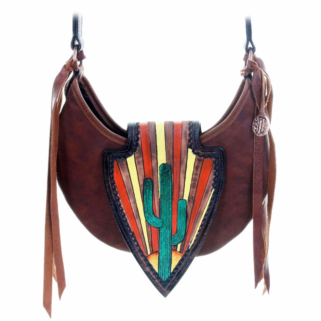 HMH16 - Tooled Cacti and Painted Half Moon Hobo Bag - Double J Saddlery