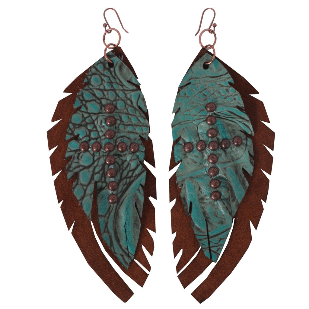 J37 - Toast Suede and Turquoise Feather Earrings - Double J Saddlery