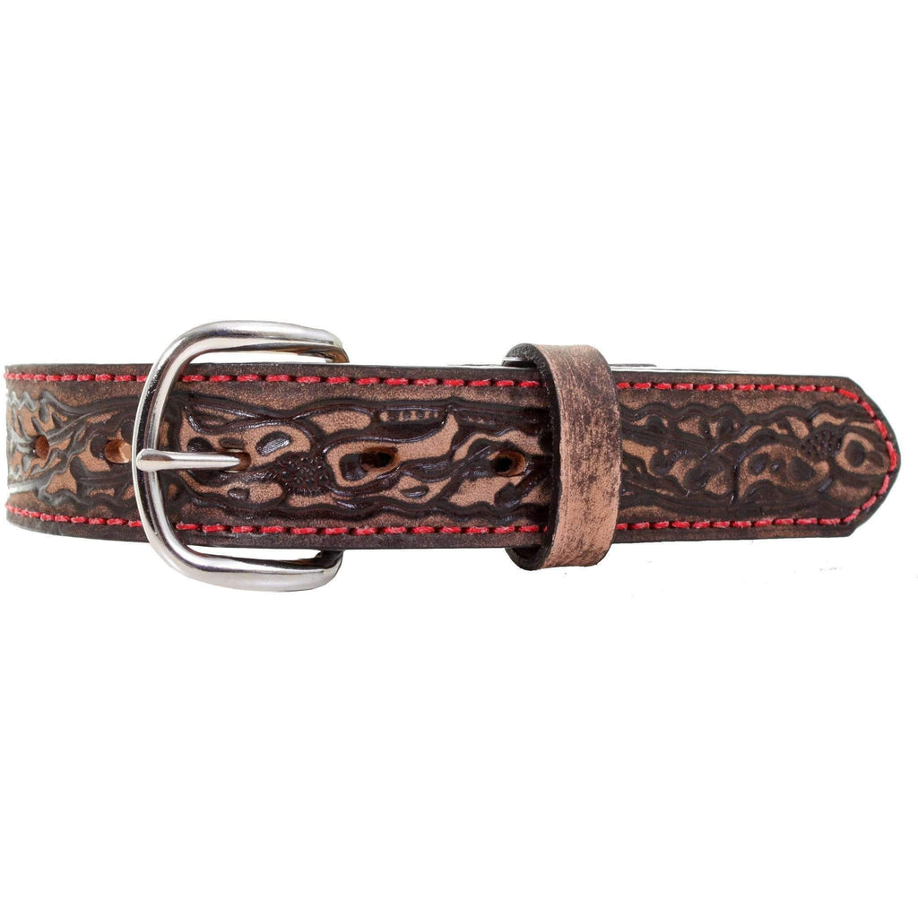 KB21/RED - Brown Vintage Tooled Kids Belt - Double J Saddlery