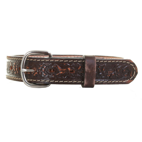 KB22/CREAM - Brown Vintage Tooled Kids Belt - Double J Saddlery